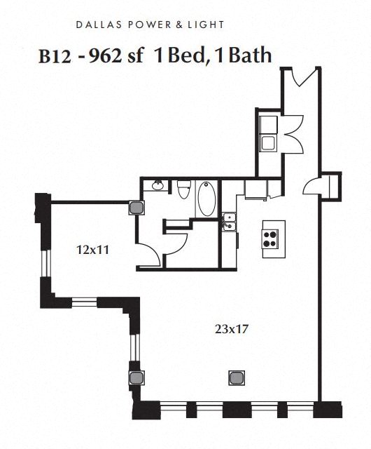 Floor plan for 1 bed, 1 bath, 962 sqft